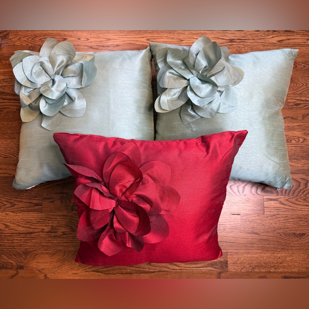 Raw Silk- Look Floral Accent Throw Pillows - Burgundy and Turquoise